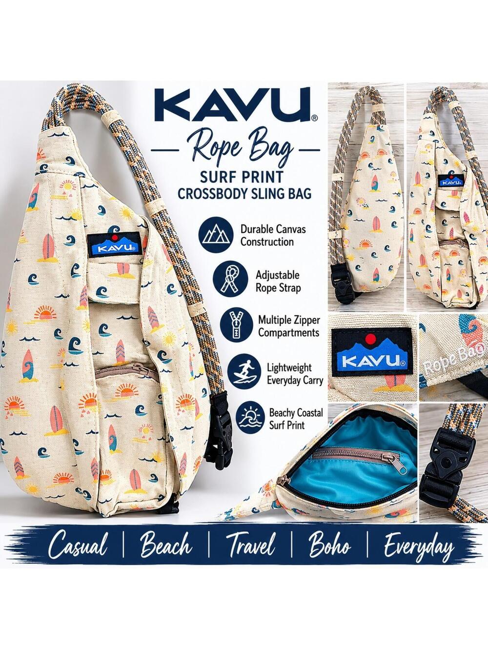 Kavu Rope Bag Surf Print Crossbody Sling Backpack Beach Coastal Boho Canvas